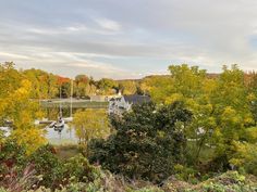 a lake surrounded by lots of trees with boats in the water and houses on the other side