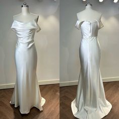 two pictures of the same white dress on mannequins in front of a wall