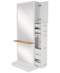 an open white cabinet with drawers and mirror on the top, against a white background