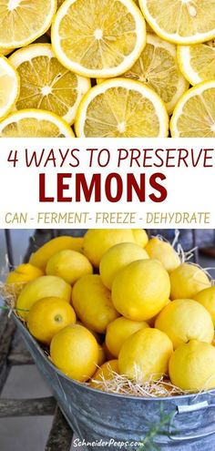 lemons in a bucket with text overlay that says 4 ways to preserve lemons can ferment freeze - dehydraate