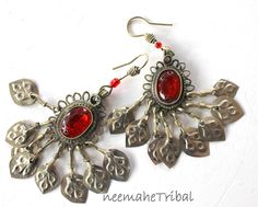 Vintage Oriental Boho Hippie Tribal Earrings with Leaf-Shaped Dangles and Big Red Plastic Jewels Complete Length 10 cm / 3.93 " Weight 8 g Red Vintage Earrings For Festivals, Red Dangle Danglers With Latkans, Red Bohemian Chandelier Earrings Nickel-free, Red Bohemian Chandelier Earrings For Pierced Ears, Red Bohemian Chandelier Earrings, Red Bohemian Nickel-free Chandelier Earrings, Bohemian Red Chandelier Earrings, Bohemian Red Nickel-free Chandelier Earrings, Red Handmade Dangle Earrings