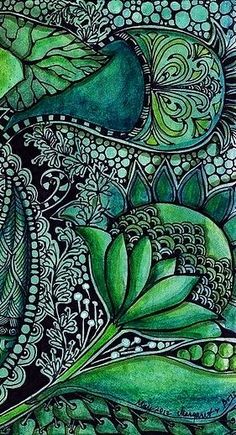 a painting with green leaves and swirls on it