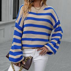 Look beautiful and comfy in the Electra Knitted Sweater! This stripey number is crafted from jersey fabric with a loose fit, long top length, and crew neck, so you can be sure to look stylish and keep cozy at the same time. The long sleeves are made from acrylic so you don't have to worry about cold nights! Get your stripes on and stay warm in Electra! Specs: Material: Acrylic Casual Stretch Knit Top With Ribbed Cuffs, Knit Crew Neck Top With Ribbed Cuffs, Oversized Striped Soft Knit Top, Crew Neck Knit Top With Ribbed Cuffs, Trendy Crew Neck Knit Top With Ribbed Cuffs, Comfortable Stretch Long Sleeve Sweater, Oversized Textured Knit Comfortable Sweater, Comfortable Textured Knit Long Sleeve Sweater, Oversized Textured Knit Sweater