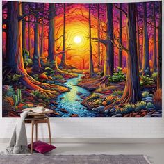 a painting on the wall of a room with a river running through it and trees in the background