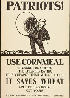 an old poster with a man carrying a large object in it's back and the caption reads, use cornmeal