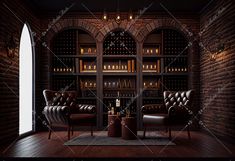 an empty room with two leather chairs in front of a bookcase full of wine bottles