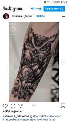 an owl and clock tattoo on the arm