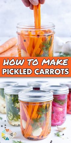 jars filled with pickled carrots are shown in the foreground and on the top right hand corner