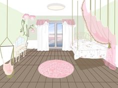 a drawing of a bedroom with pink decor