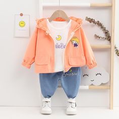 3-piece Hooded Coat & Long Sleeve T-shirt & Pants for Toddler Girl - PrettyKid Hooded Cotton Sets For Spring, Cotton Hooded Sets With Pockets, Spring Cotton Hooded Set, Cute Cartoon Print Fall Sets, Cute Cartoon Print Sets For Fall, Cute Long Sleeve Sets With Pockets, Cotton School Sets For Fall, Spring Playwear Hooded Sets, Wash Label