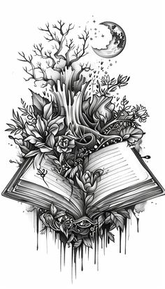 an open book with tree branches and leaves on it, in front of a full moon