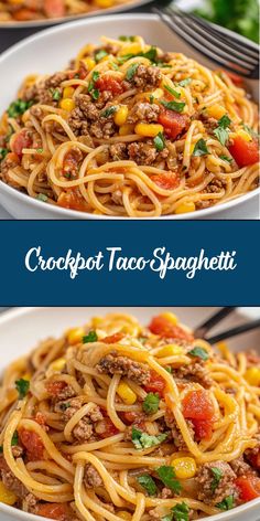 This dish combines the bold flavors of tacos with the comforting appeal of spaghetti. Made in a slow cooker, it’s an easy, hands-off recipe that’s perfect for a crowd-pleasing dinner. Make Ahead Mexican Food For A Crowd, Easy Meat Dinners, Crockpot Taco Spaghetti, Taco Crockpot Recipes, Easy Healthy Crockpot Recipes, Southwest Food, Stovetop Recipes, Hamburger Meals, Crockpot Taco