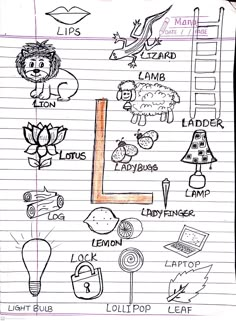 a notebook with some drawings on it and writing in the bottom right corner that says light bulb, lion, lamp, ladybug, laptop