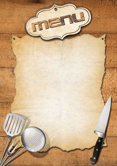 an old menu with kitchen utensils on a wooden table