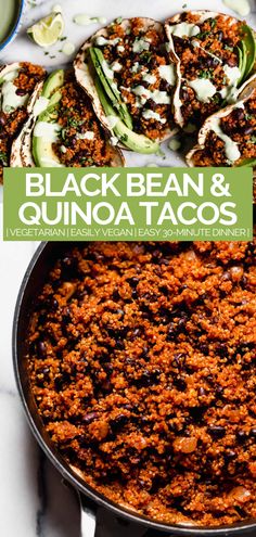 black bean and quinoa tacos in a skillet with the title overlay