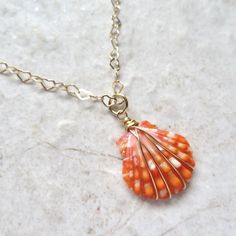 "Hawaiian Sunrise Shell Necklace~ This necklace has a beautiful orange and pink wire wrapped Hawaiian sunrise shell on 14k gold fill satellite chain. Sunrise shells are only found in Hawaii, a true gem to the islands and collectors. Shell approx. 1\" Chain is adjustable 17-18\" Model wearing similar necklace Checkout our sunrise shell jewelry~ https://www.etsy.com/shop/HanaMauiCreations?ref=seller-platform-mcnav&search_query=sunrise+shell+jewelry SHOP~ http://www.etsy.com/shop/HanaMauiCreati Wire Wrapped Shell Necklace For Beach, Beach Shell Necklace Wire Wrapped, Wire Wrapped Shell Necklaces In Shell Shape, Wire Wrapped Shell Necklaces, Beach Wire Wrapped Shell, Handmade Orange Jewelry For Beach, Wire Wrapped Shell Gift, Wire Wrapped Shell Necklace Gift, Ocean-inspired Wire Wrapped Shell