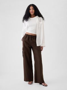 Mid Rise Linen-Cotton Pull-On Cargo Pants Cheap Cotton Khaki Wide Leg Pants, Cheap Khaki Cotton Wide Leg Pants, Cheap Mid-rise Cotton Bottoms, Affordable Wide-leg Cotton Pants, Pants For Women Linen, Easy Silhouette, Clothes Horse, Feminine Look, Pull On Pants