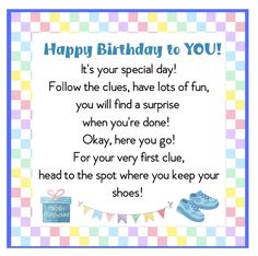 a birthday card for someone's special day with blue shoes and a gift box