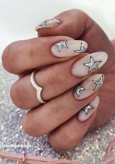 Glitter Nail With Designs, Simple Hand Drawn Nail Art, Star Art Nails, Star Gel Nail Designs, Nail Stars Designs, Checkered Star Nails, Happy Birthday Nail Art Designs, Acrylic Nails With Star Design, Star Tip Nails