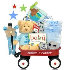 Welcome Baby Boy Wagon - Option to Personalize - Simply Unique Baby Gifts Babies First Words, Baby Boy Gift Baskets, Baby Gift Baskets, Radio Flyer Wagons, Personalized Baby Boy Gifts, Personalized Gift Baskets, Board Books For Babies, Rocking Horses, Cuddly Teddy Bear