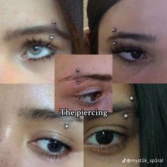 four different pictures of the same woman's eyes with piercings on their forehead