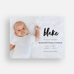 the birth announcement card features an image of a baby in white shirt and black lettering