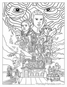 an adult coloring book with the image of people and their faces