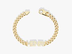 a gold bracelet with the word henry engraved on it's front and back sides