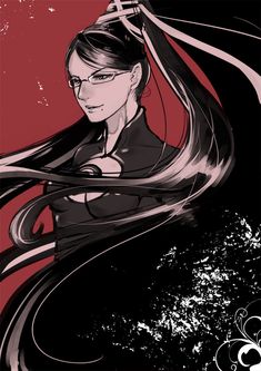 a drawing of a woman with long hair and glasses in front of a red background