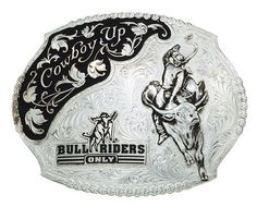 (MS61357) "Cowboy Up" Bull Rider's Only Western Silver Belt Buckle by Montana Silversmiths Rodeo Belt Buckles, Nocona Belt, Cowboy Buckle, Custom Belt Buckles, Cowboy Belt Buckles, Bull Rider, Antique Filigree, Cowboy Belt, Western Buckles