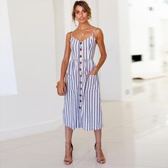 Women's Spring Summer Casual Spaghetti Strap Striped Button Down Swing Midi Dress with Pockets Material: Polyester Features: Sleeveless, Pockets, Spaghetti Straps, Midi dress, Button down, A-lined, Striped, Fit & flare. Perfect for spring Summer Occasions, Easter, tea pool party, Shopping, beach, 4th of July, Casual wear etc. Casual Summer Suspender Dress With Pockets, Casual Suspender Dress With Pockets For Summer, Summer Sundress With Buttons For Day Out, Summer Sundress With Buttons, Casual Summer Sundress With Button Closure, Casual Midi Suspender Dress For Vacation, Casual Midi Length Suspender Dress For Vacation, Casual Sundress With Spaghetti Straps And Pockets, Sundress With Pockets And Spaghetti Straps