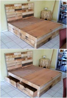 the bed frame is made out of pallet wood and has two drawers on each side