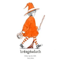 a drawing of a girl in an orange coat and hat holding a baseball bat