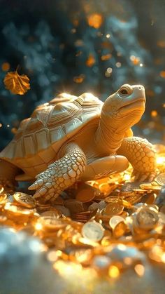 a small turtle sitting on top of gold coins