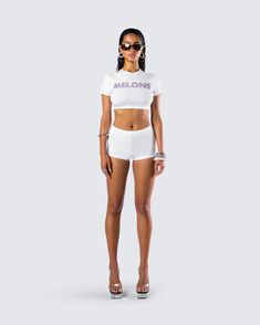 What's your favorite fruit? 😏 You'll be lookin extra ripe in this cheeky two-piece set featuring a white rhinestone graphic top paired with matching mini shorts 🍉🍑 Trendy Short Crop Top For Loungewear, Trendy Short Length Crop Top For Loungewear, Trendy Loungewear Crop Top, White Crop Top For Summer Loungewear, Trendy Fitted Short Crop Top, Casual White Short Crop Top, White Short Crop Top For Summer, White Crop Top For Summer, White Summer Short Set