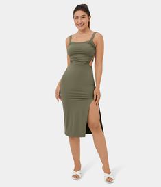 Women’s Ruched Split Backless Crisscross Lace Up Bodycon Midi Casual Dress - HALARA Cheap Casual Backless Bodycon Dress, Ruched Bodycon Dress Midi, Ruched Dresses Bodycon, Cold Shoulder Bodycon Dress, Halara Dress, Slip Dress Beach, Midi Casual Dress, Olive Green Midi Dress, Athleisure Dress