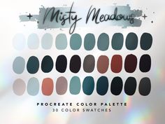 the color swatches for misty meadows are shown in shades of blue, red, and green