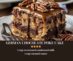 german chocolate poke cake with pecans on top