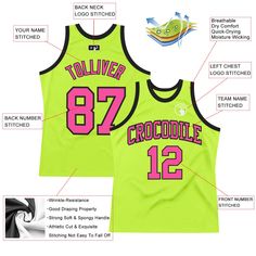 Custom Neon Green Pink-Black Authentic Throwback Basketball Jersey Collegiate Basketball Jersey With Letter Print, College Team Spirit Sleeveless Jersey, Sleeveless College Jersey With Team Spirit Style, Team-colored Crew Neck Basketball Jersey, Sleeveless Basketball Sublimation T-shirt With Graphic Print, Collegiate Sleeveless Jersey With Letter Print, Varsity Basketball Jersey For Sports Season, Collegiate Sleeveless Jersey For College, Team Spirit Basketball Jersey With Crew Neck