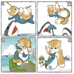 four different pictures of cats playing with each other