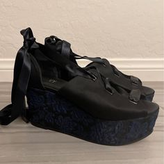 Size 37. In Great Condition. Never Worn. Black Satin On Top With Blue Suede Design On The Platform. Goth Shoes, The Platform, Blue Suede, Black Satin, Size 7, Lace Up, Satin, Women Shoes, Lace