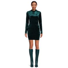 Long sleeves and a mock neck elegantly contrast with the shorter length and body-hugging silhouette of this Self Esteem Crushed Velvet Bodycon Dress, allowing you to look party-perfect while staying comfortable. Pair this stunner with heels or boots for an on-trend and occasion-ready look you will feel your best in. Size: L.  Color: Green.  Gender: female.  Age Group: adult. Mock Neck Bodycon Dress, Madden Nyc, Velvet Corset, Velvet Bodycon Dress, Ruched Bodycon Dress, Crushed Velvet, Self Esteem, Mock Neck, That Look