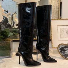 Patent Pointed Toe Tubular Boot With 100mm Or 120mm Stiletto Heel Upper: Patent Leather Interior: Genuine Leather Fit: Regular Non-Slip Sole Heel Height: 120mm | 4,8" Inches Heel Height: 100mm | 4,0" Inches Handcrafted Footwear 100% Made In Italy Sleek Heeled Boots With 4-inch Heel For Formal Occasions, Elegant Boots With 4-inch Heel For Night Out, Evening Heeled Boots With 4-inch Pointed Toe, Elegant Heeled Boots With 4-inch Heel For Night Out, Elegant Office Heeled Boots With 4-inch Heel, Luxury Medium Width Heels For Party, Luxury Party Boots, Evening Heeled Boots With Padded Heel And Medium Width, Heeled Boots With Padded Heel For Evening