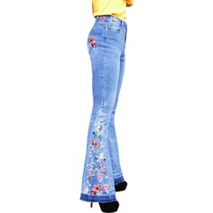 Elevate your denim game with the Anna-Kaci Women's Floral Daisy Embroidered Mid Rise Bell Bottom Jeans, featuring charming daisy floral embroidery throughout. Embodying the retro era's signature denim bottoms with a cute flare, these jeans combine vintage style with modern premium cotton materials, making them your go-to piece for any occasion. Embroidery Trousers, Long Denim Pants, Flare Denim Jeans, Bottom Jeans, Frayed Denim, Houndstooth Blazer, Rose Embroidery, Flare Leg Jeans, Pants Blue