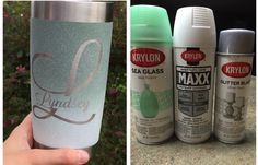 three different types of spray paint are shown in this collage and the same one is being used as a cup