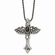 Stainless Steel Antiqued Cross w/Wings & Black Stone 24in Necklace. Finish:Antiqued|Stone Color_1:Black|Stone Quantity_1:1|Length of Item:24 in|Chain Length:24 in|Chain Width:3 mm|Charm/Element Length:67 mm|Charm/Element Width:51 mm|Clasp /Connector:Lobster (Fancy)|Material: Primary:Stainless Steel|Stone Shape_1:Oval|Item Weight U/M:gm|Width of Item:51 mm|Product Type:Jewelry|Jewelry Type:Necklaces|Sold By Unit:Each|Necklace Type:Necklace with Pendants|Gender:Men's|Material: Primary - Color:White|Men's Type:Necklaces|Stone Cut_1:Cabochon|Stone Type (Other)_1:Synthetic Agate Size: Length: 24 inch - Width: 51 mm.  Color: Metal Type.  Gender: unisex.  Age Group: adult. Necklaces Stone, Wings Black, Necklace Chain Types, Medical Jewelry, Sports Jewelry, Antique Stone, School Jewelry, Gemstone Engagement, Coin Jewelry