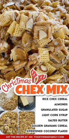 A picture of Chex mix plus a picture with the steps needed to make it. Text box with the title of the recipe in the center and a list of ingredients needed. Chex Mix Recipes Christmas, Christmas Chex Mix, Chex Recipes