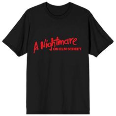 a black t - shirt with the words nightmares on elm street printed in red ink