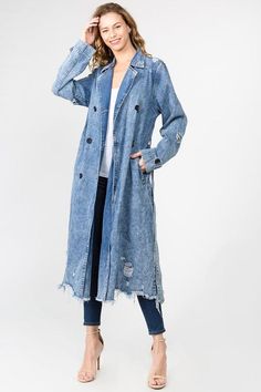 BLOGGER FAVE || STATEMENT STYLE Long distressed denim jacket in a trench coat style Button front with lapel collar Removeable belt with belt loops Button detail at wrists Raw hem Side pockets Fits true to size, oversized style Measurements approximately: Small: Bust 38", Waist 36", Hips 38", Length 45", Belt Length 54" Medium: Bust 42", Waist 40", Hips 42", Length 46", Belt Length 56" Large: Bust 44", Waist 42", Hips 44", Length 47", Belt Length 58" Long Distressed Denim Jacket, Long Denim Coat, Denim Styling, Denim Clothes, Long Denim Jacket, Denim Coat Women, Denim Trench Coat, Recycled Clothing, Trench Coat Style