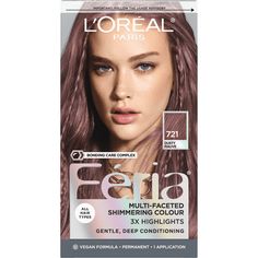 L'Oreal Paris Feria Permanent Hair Color, 721 Dusty Mauve, Inspired by fashion, Feria offers a twist on the traditional and gives edgy hair colors from bright red, platinum blonde, rose gold, and metallic brown, to blue-black hair color, these hair dye kits will transform your hair. Feria's prismatic color spectrum is custom-blended by L'Oreal Paris master colorists for bold, head-turning shades - no appointment necessary. Packaging may vary, what you receive may not be what is reflected on site. Size: 2.75" x 3.50" x 6.50".  Color: Multicolor. Medium Auburn Hair Color, Metallic Hair Dye, Medium Auburn Hair, Blue Black Hair Color, Edgy Hair Color, Revlon Colorsilk, Blue Black Hair, Dusty Mauve, Hair Color Auburn